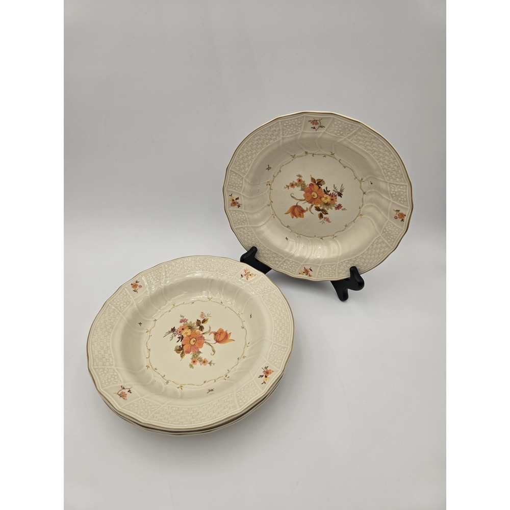 4 Mikasa Fine Ivory Marseilles‎ rimmed soup bowls autumn orange flowers 9"